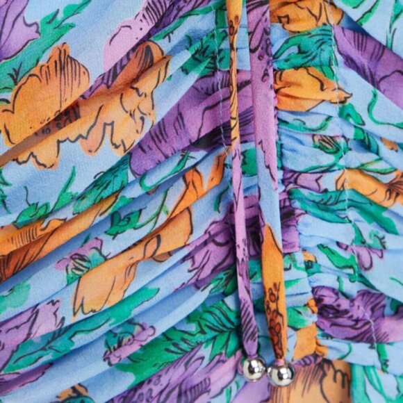 Veronica Beard 'Sean' Floral-Print Ruched Silk Mini-Dress, Lake Blue Multi - Picture 3 of 3